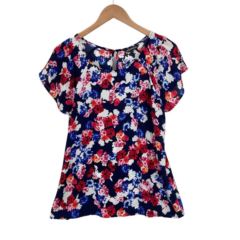 Express Blouse Top Womens Medium Short Sleeve Multi Floral Scoop Neck Pullover
